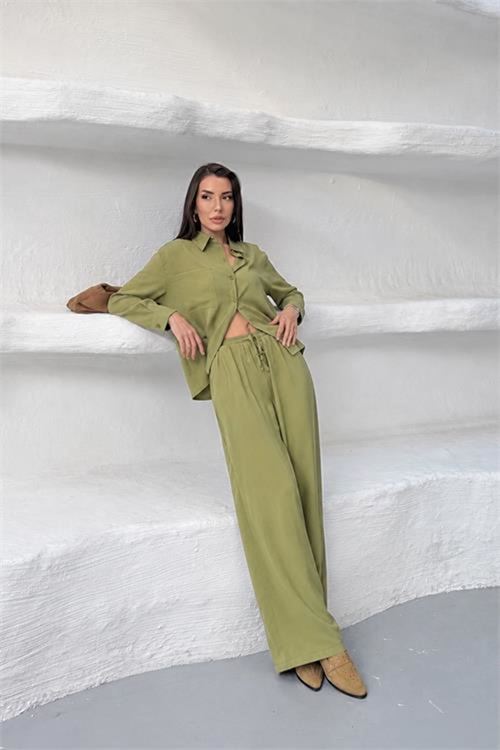 Neşeli butik kadın yeşil tensel kumaş oversize gömlek pantolon ikili takım NBNP037
