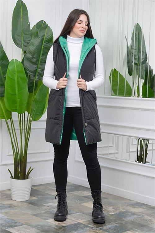 Neşeli butik kadın yeşil kapüşonlu kapitone çift taraflı yelek NB0002