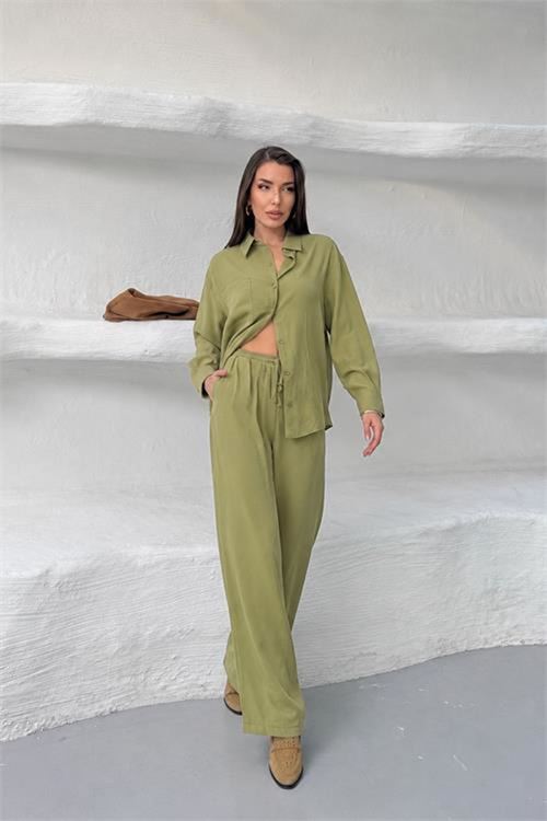 Neşeli butik kadın yeşil tensel kumaş oversize gömlek pantolon ikili takım NBNP037