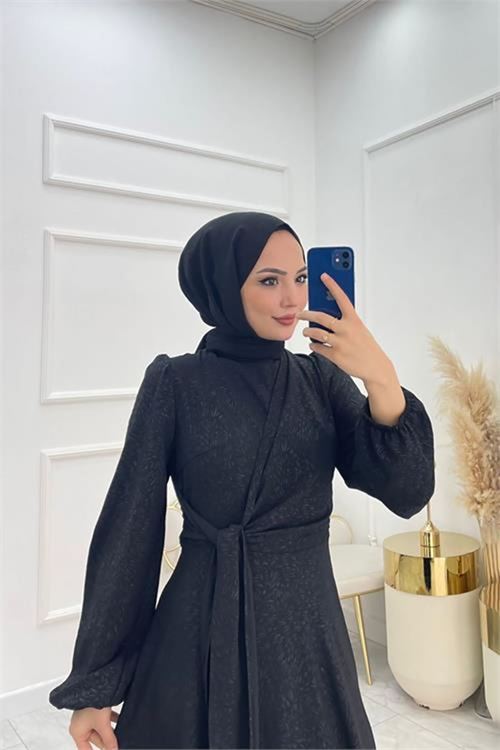 Neşeli butik kadın bağlama detaylı jakarlı tesettür elbise NMS044