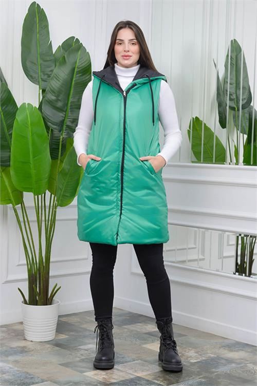 Neşeli butik kadın yeşil kapüşonlu kapitone çift taraflı yelek NB0002
