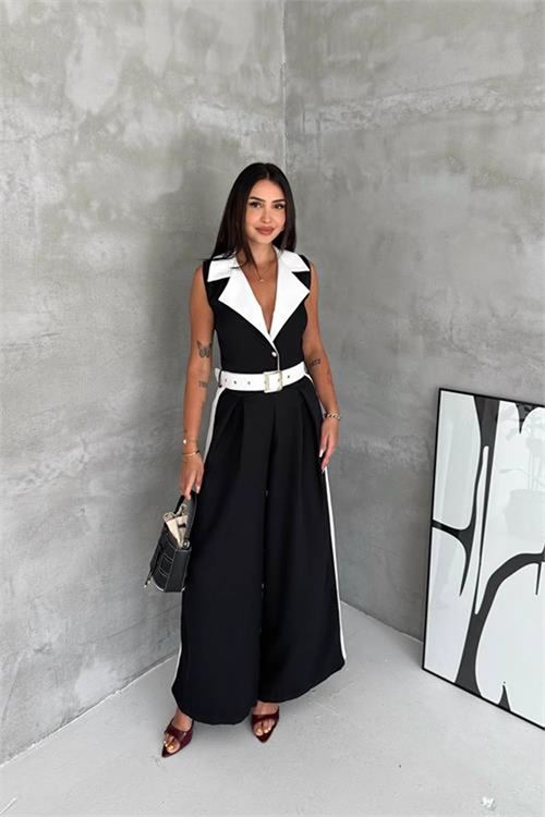 Neşeli butik kadın siyah çift renkli kemerli şerit detaylı tam boy kolsuz tulum NBK087