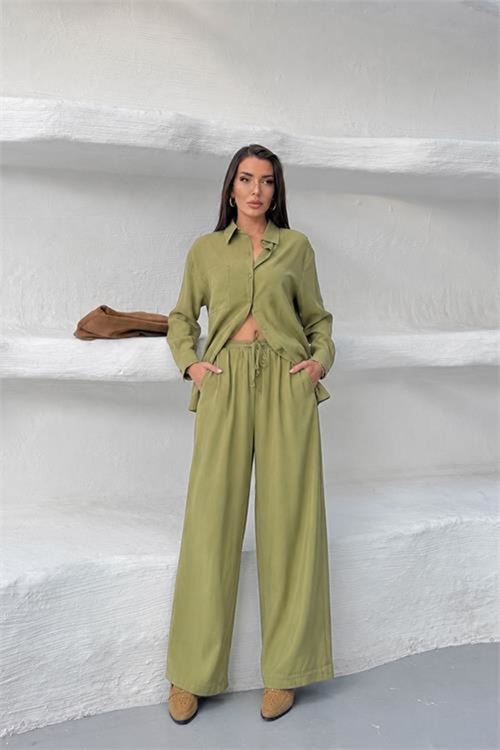 Neşeli butik kadın yeşil tensel kumaş oversize gömlek pantolon ikili takım NBNP037
