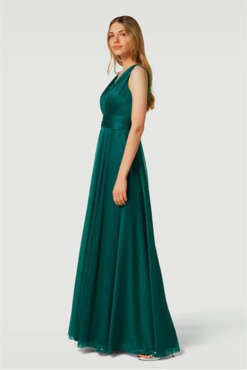 Neşeli butik kadın zümrüt yeşili yaka simli tül abiye elbise NBS9223