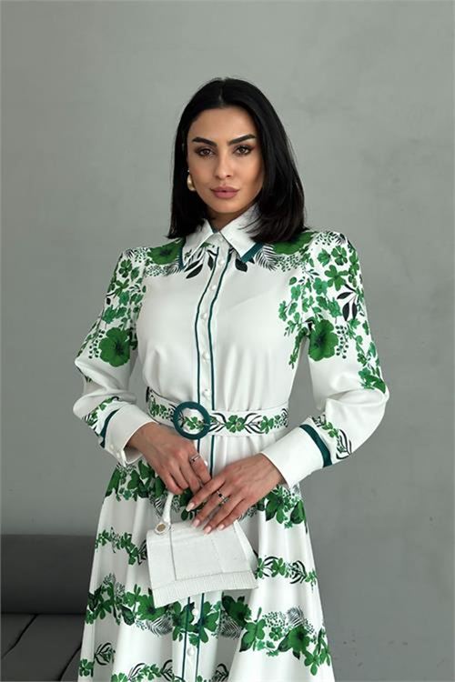 Neşeli butik kadın yeşil kemerli uzun elbise NBMS25015