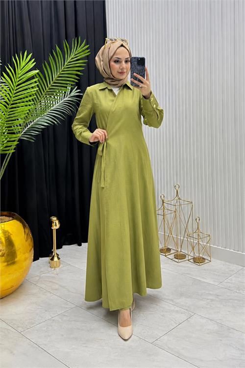 Neşeli butik kadın yağ yeşili kol düğme detaylı beğlamalı tesettür ferace elbise --- NMS097