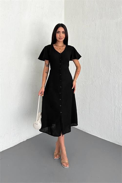 Neşeli butik kadın kuşaklı kruvaze yaka keten elbise NBK058