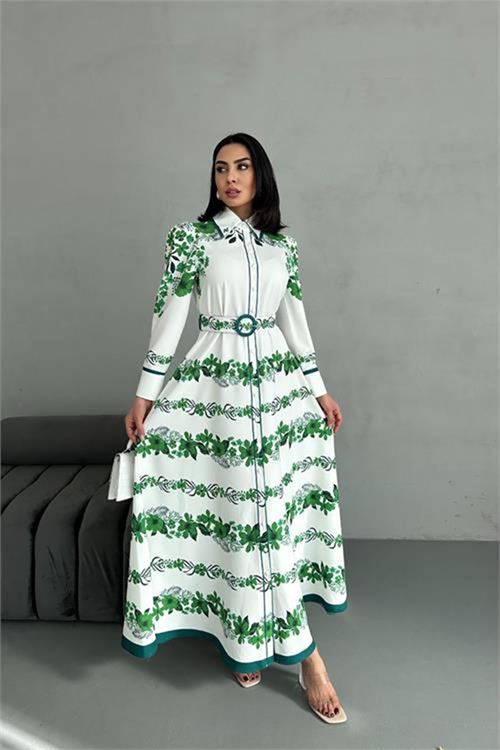 Neşeli butik kadın yeşil kemerli uzun elbise NBMS25015