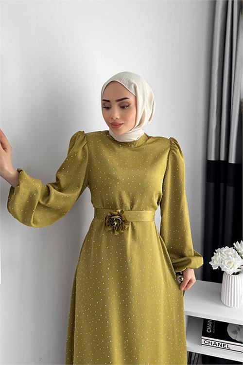 Neşeli butik kadın saten taş detaylı tesettür elbise NMS050