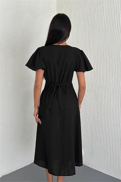 Neşeli butik kadın kuşaklı kruvaze yaka keten elbise NBK058