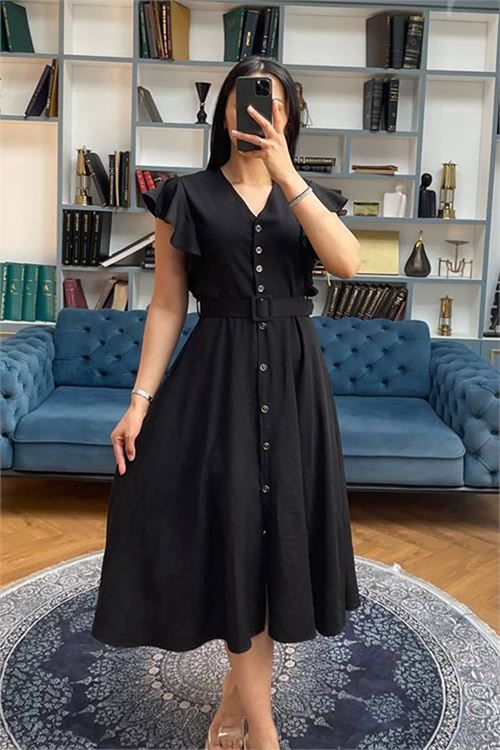 Neşeli butik kadın siyah fırfır detaylı midi elbise NBMY3739