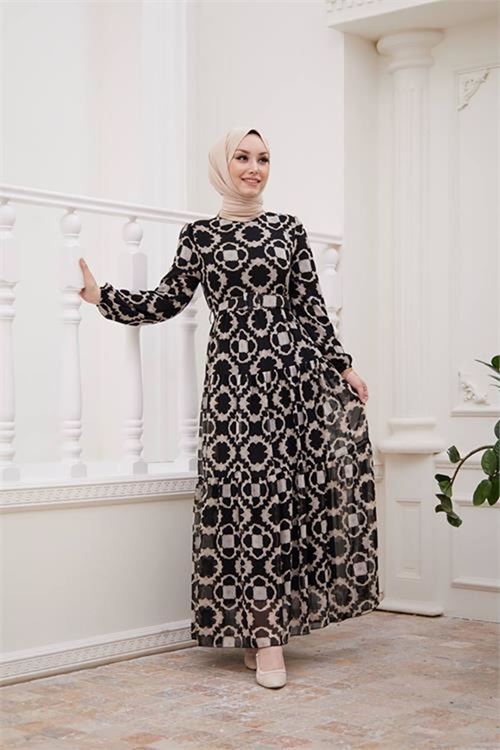 Neşeli butik kadın kemerli yeni sezon tesettür elbise SMS016