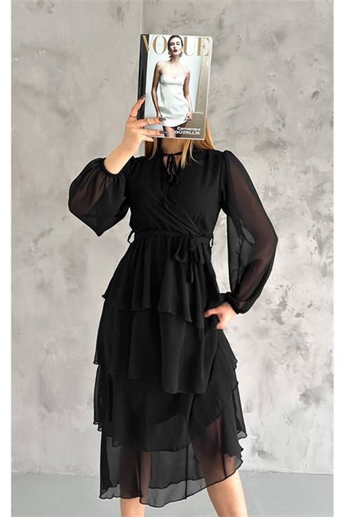 Neşeli butik kadın astarlı eteği kat kat şifon elbise NBKKLF2041