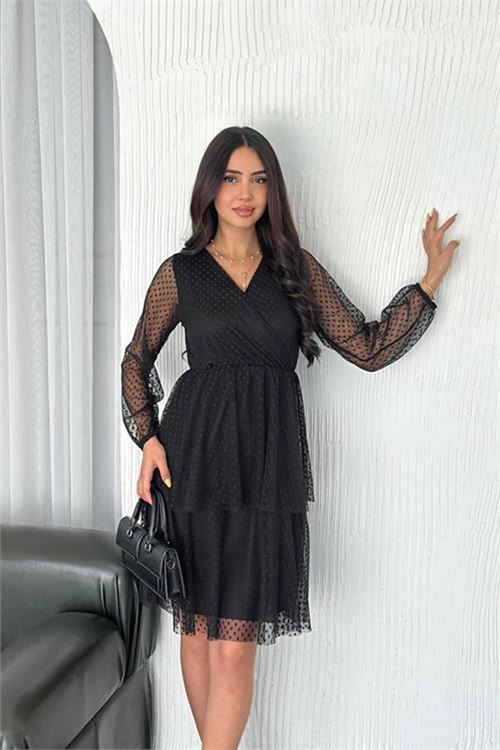 Neşeli butik kadın siyah puantiyeli katkat tül elbise NBK054