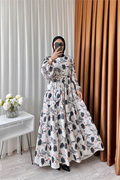Neşeli butik kadın keten desenli tesettür elbise SMS002 - Siyah