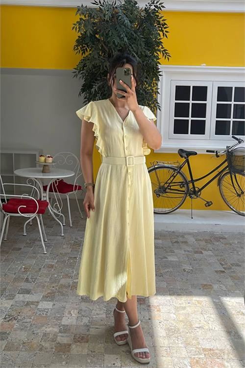 Neşeli butik kadın sarı fırfır detaylı midi elbise NBMY3739