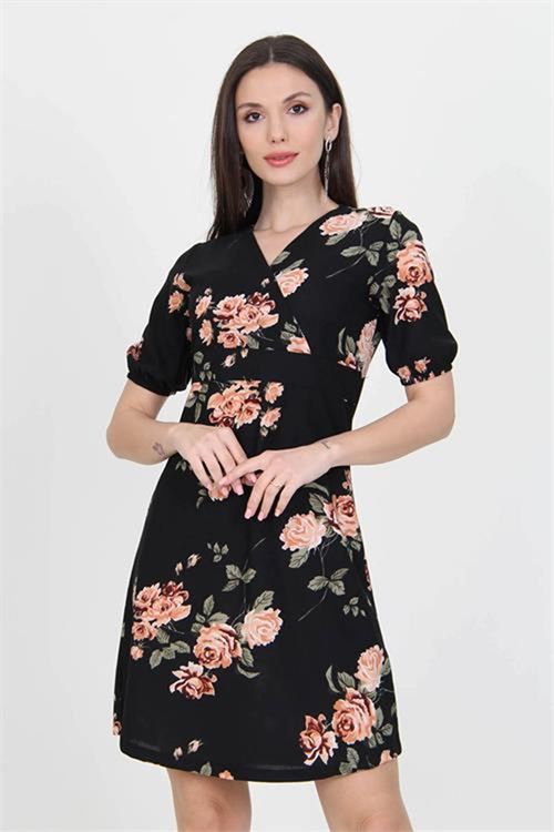 Neşeli butik kadın siyah kruvaze yaka örme krep mini elbise NB100221