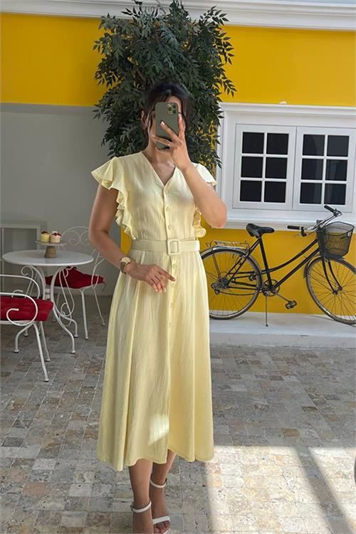 Neşeli butik kadın sarı fırfır detaylı midi elbise NBMY3739