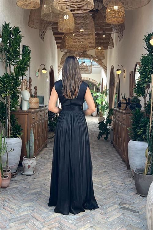Neşeli butik kadın siyah kruvaze yaka maxi boy premium elbise RYMY4057