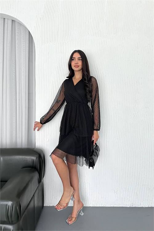 Neşeli butik kadın siyah puantiyeli katkat tül elbise NBK054