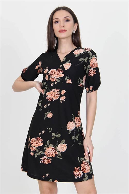 Neşeli butik kadın siyah kruvaze yaka örme krep mini elbise NB100221