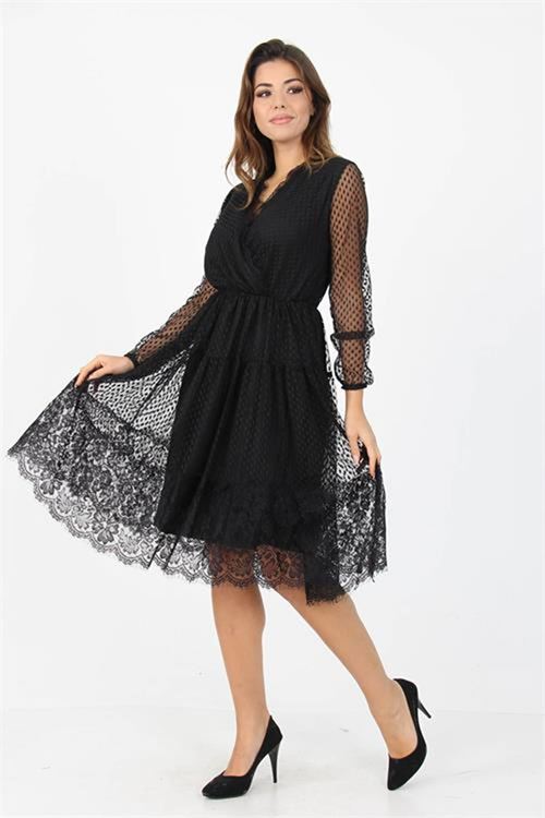Neşeli butik kadın tül kruvaze yaka eteği dantel detaylı yeni sezon elbise APCX39