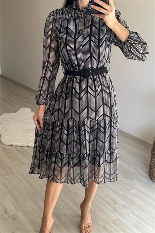 Neşeli butik kadın yaka lastikli küçük puantiyeli midi şifon elbise NM022