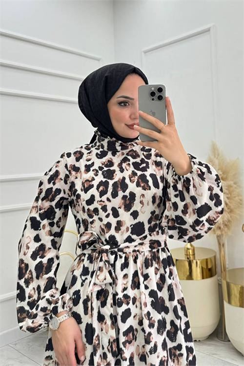 Neşeli butik kadın saten kuşaklı eteği fırfırlı tesettür elbise NMS008