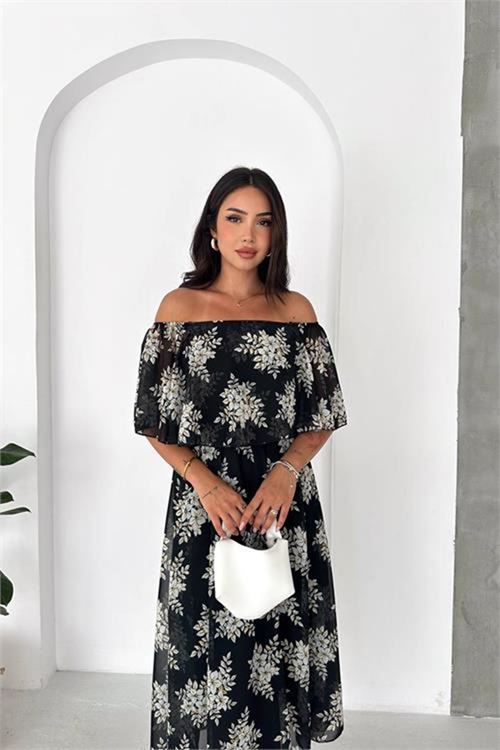 Neşeli butik kadın siyah madonna yaka şifon desenli midi boy elbise NBK091