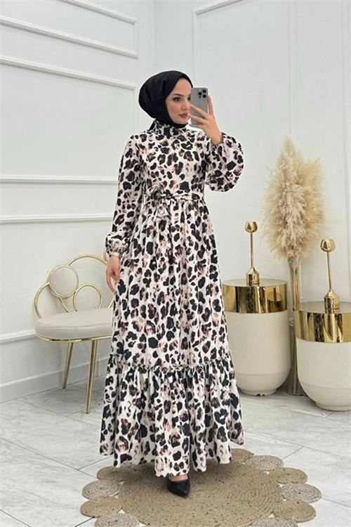 Neşeli butik kadın saten kuşaklı eteği fırfırlı tesettür elbise NMS008
