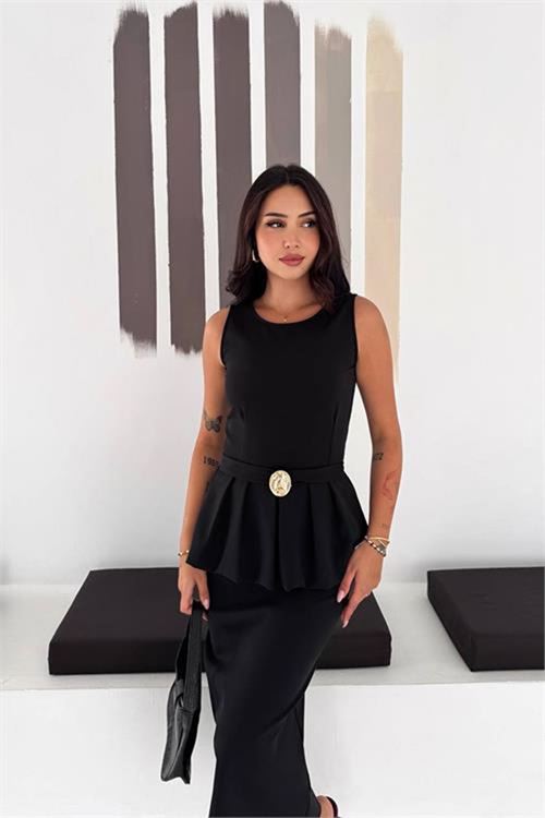 Neşeli butik kadın siyah kolsuz peplum kesim midi boy kemer tokalı elbise NBK4640
