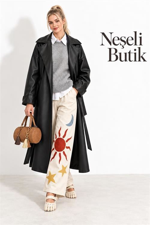 Neşeli butik kadın siyah kol detaylı tam boy suni deri kuşaklı premium trençkot NBELV01