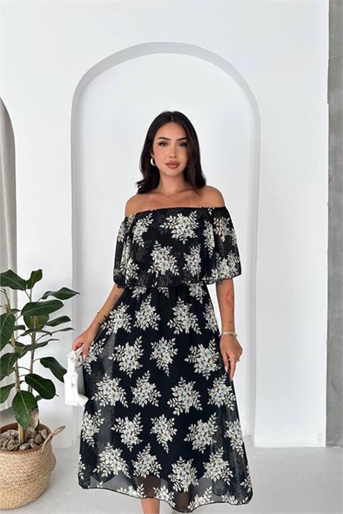 Neşeli butik kadın siyah madonna yaka şifon desenli midi boy elbise NBK091