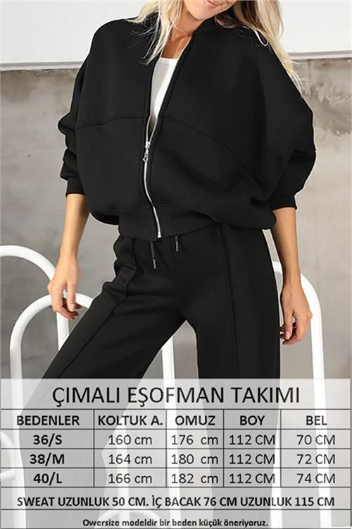 Neşeli butik kadın penye 3 iplik şardonlu kumaş eşofman takımı GTS022 - Siyah