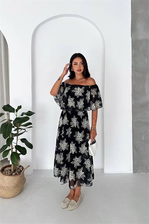 Neşeli butik kadın siyah madonna yaka şifon desenli midi boy elbise NBK091