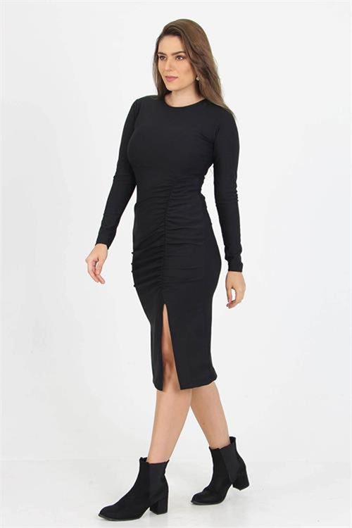Neşeli butik kadın yırtmaç detaylı midi boy örme krep elbise SHNZ11