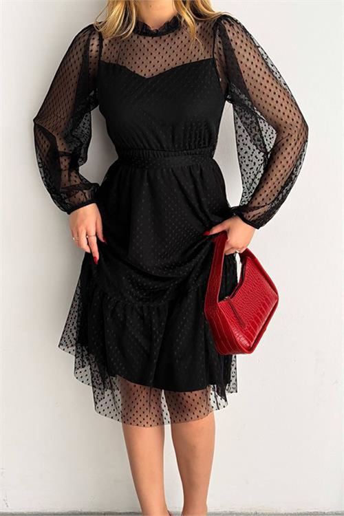 Neşeli butik kadın kuşaklı midi boy siyah tül elbise NBKKLF2011