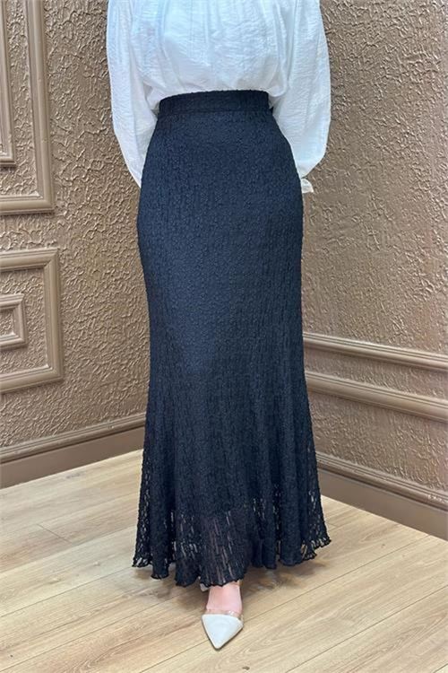 Neşeli butik kadın siyah dantel kumaş maxi boy tesettür etek