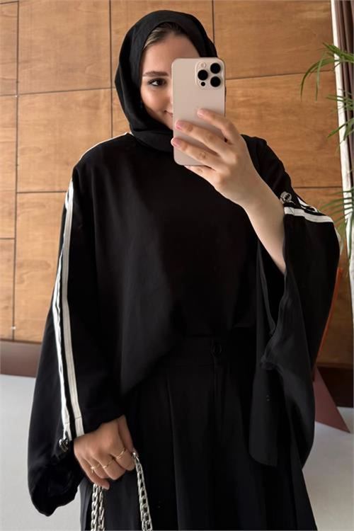 Neşeli butik kadın siyah şerit detaylı oversize tunik pantolon ikili tesettür takım NMS102