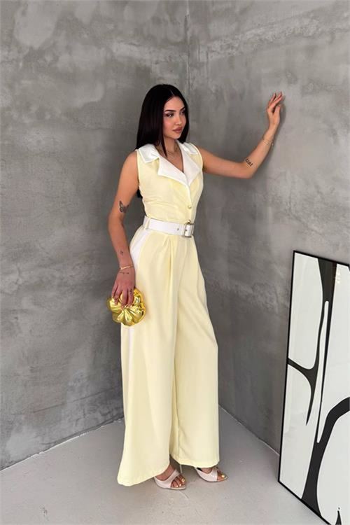 Neşeli butik kadın sarı çift renkli kemerli şerit detaylı tam boy kolsuz tulum NBK087