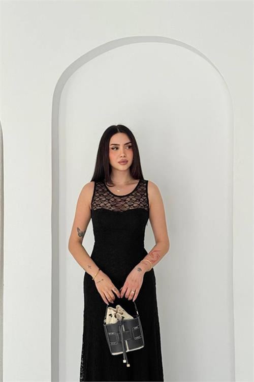 Neşeli butik kadın siyah transparan detaylı tam boy astarlı dantel elbise --- NBK4619