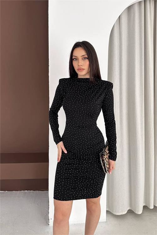 Neşeli butik kadın siyah dik yaka vatkalı taş detaylı mini elbise NBK5001