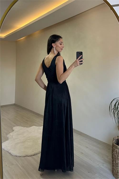 Neşeli butik kadın drapeli ışıltılı kalın askılı abiye elbise NM003