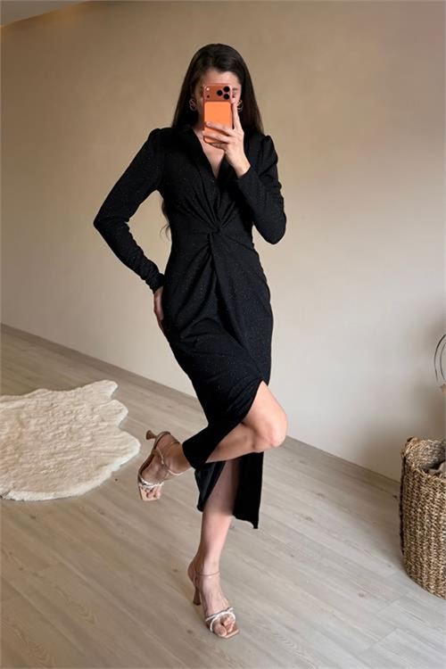 Neşeli butik kadın siyah bel büzgü detaylı yırtmaçlı midi boy abiye elbise NM027