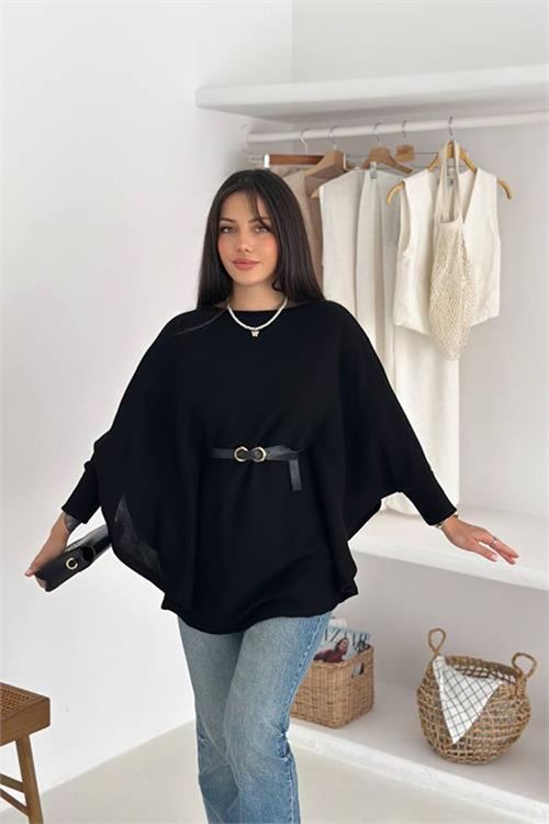 Neşeli butik kadın siyah kemer detaylı yarasa kol panço NBK5003
