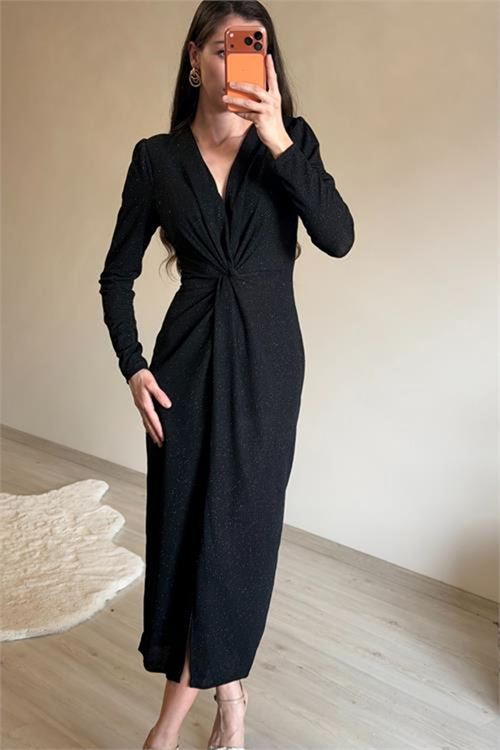 Neşeli butik kadın siyah bel büzgü detaylı yırtmaçlı midi boy abiye elbise NM027