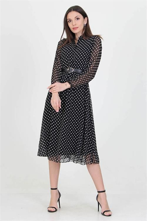 Neşeli butik kadın kemerli gömlek yaka düğmeli şifon elbise RSSN17