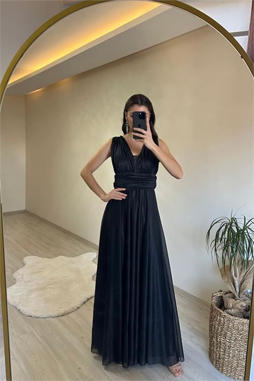 Neşeli butik kadın drapeli ışıltılı kalın askılı abiye elbise NM003