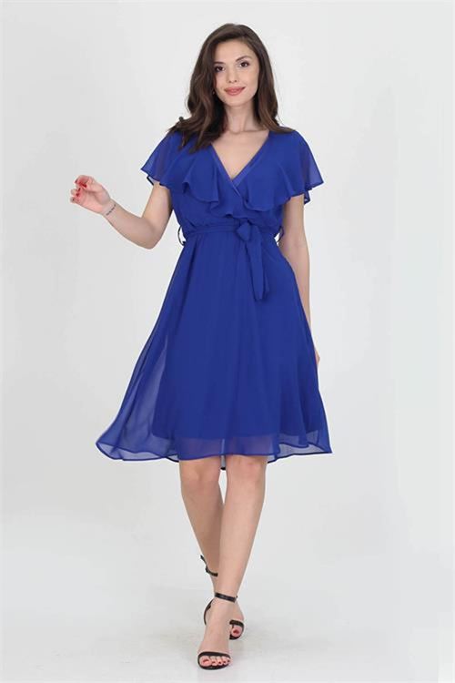 Neşeli butik kadın midi boy yeni sezon kruvaze yaka melek kol şifon elbise RY8081