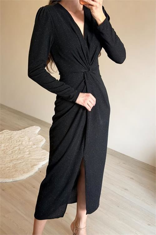 Neşeli butik kadın siyah bel büzgü detaylı yırtmaçlı midi boy abiye elbise NM027